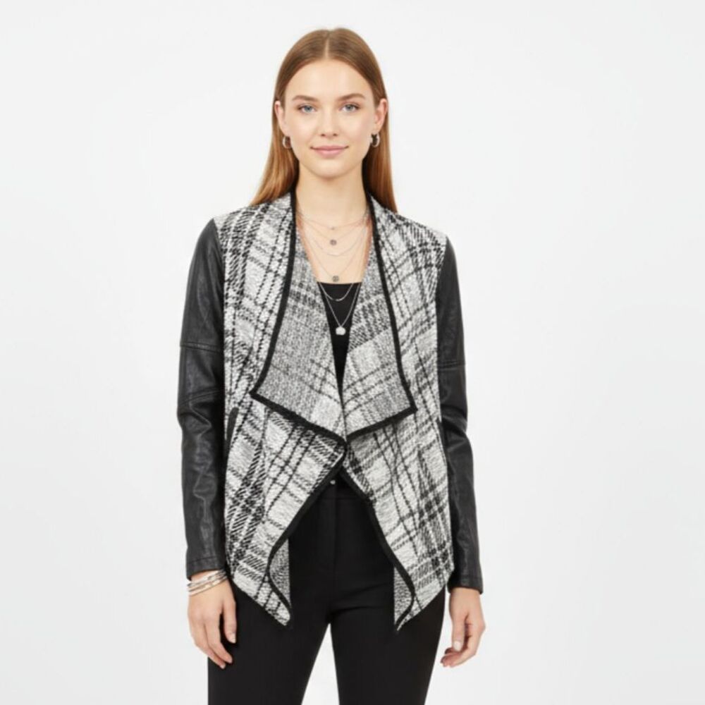 Joseph Ribkoff Black & White Plaid Open Front Faux Leather Sleeve Sweater 2